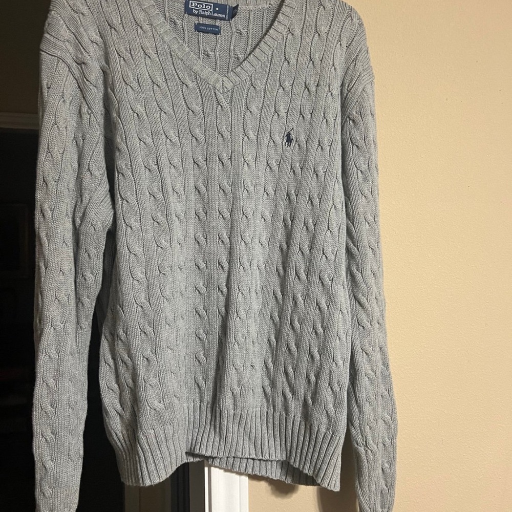 Ralph Lauren Light Gray Cable Knit V-Neck Sweater
